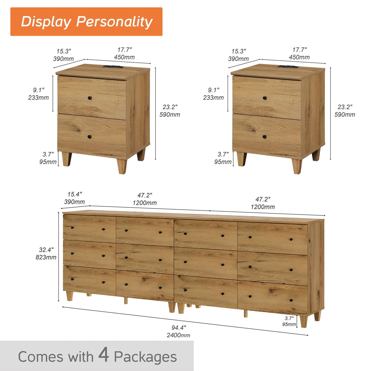 WAMPAT Dressers and Nightstand Set of 4, 94.4 Inches Wood Dresser with 12 Drawers, 2 Pieces Nightstands with Drawers and Charging Stations, Bedroom Furniture Set, Oak Brown WAMPAT