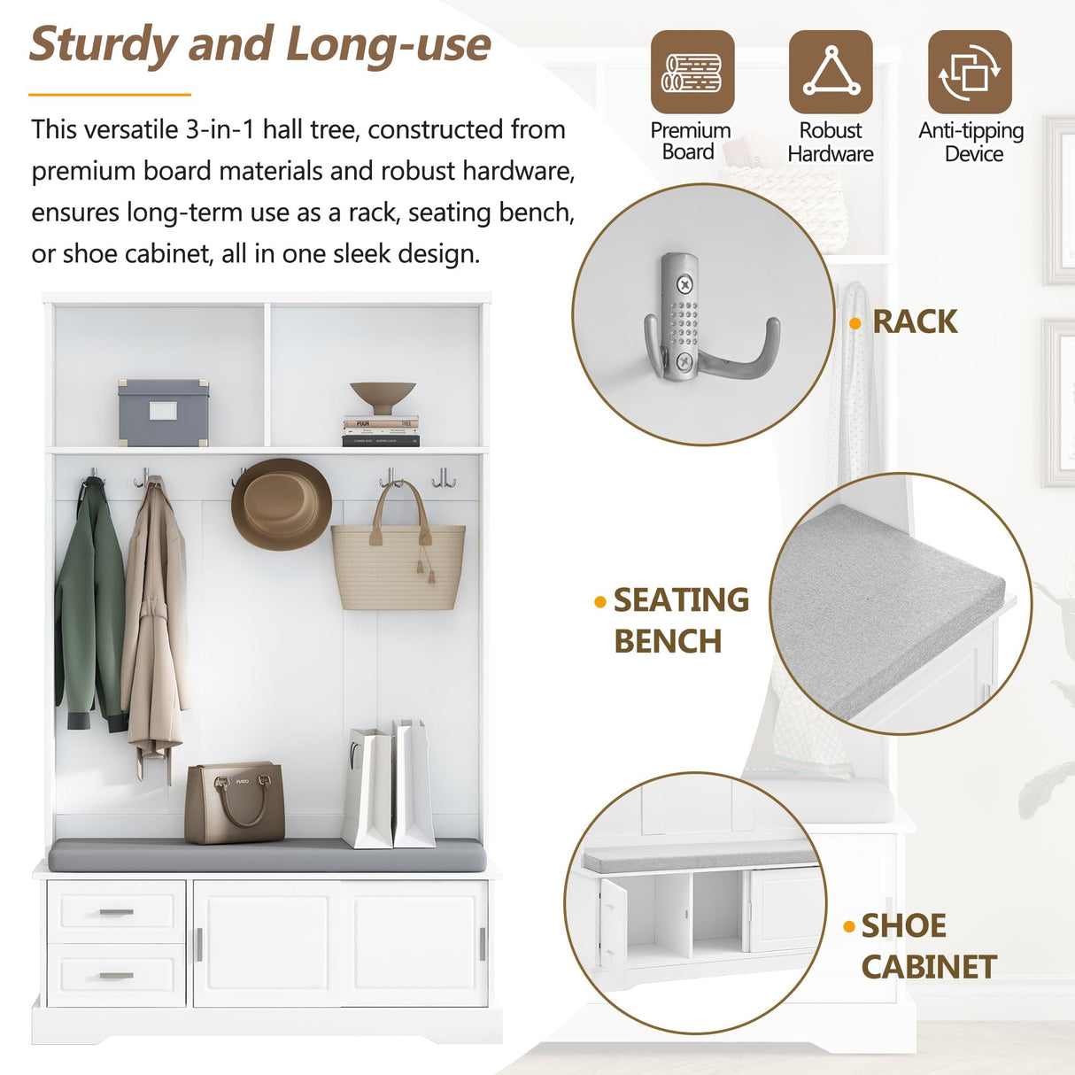 Merax Farmhouse Wood Hall Tree with Bench and Storage Drawers, 4-in-1 Coat Rack with 6 Hooks for Entrance, Hallway White Merax