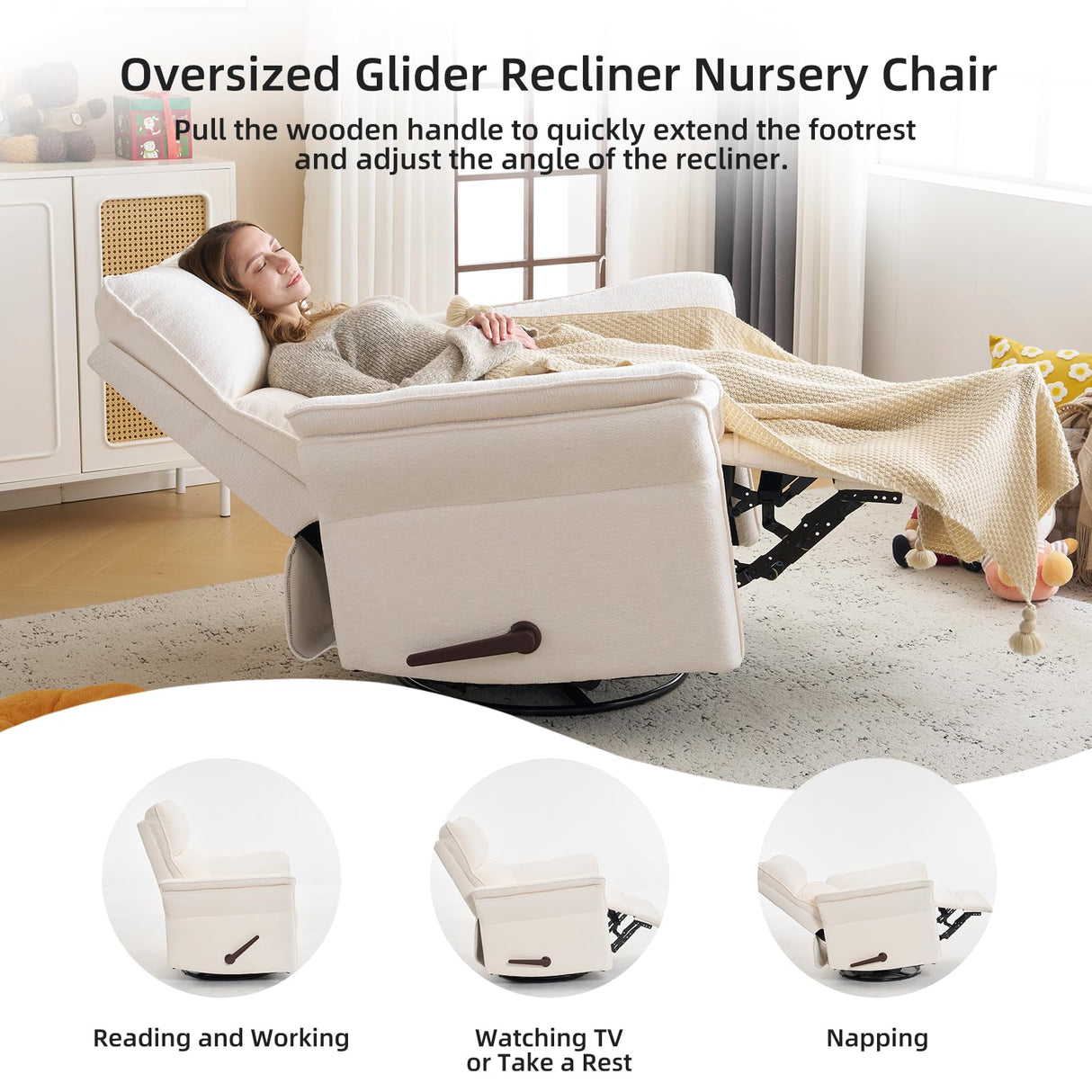 Rhevoy Oversized Recliner Chair, 26" Extra Wide 360° Swivel Rocker Recliner with Adjustable Headrest, Chenille Glider Rocking Nursery Chair with Overstuffed Armrest, Lumbar Support, White Rhevoy