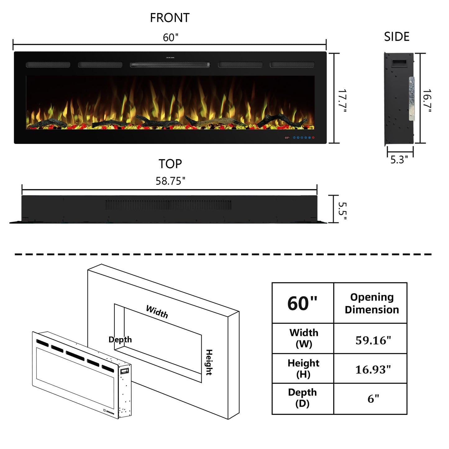 Kentsky 60" WiFi Electric Fireplace Inserts, Recessed and Wall Mounted Fireplace Heater W/Adjustable Flame Color & Brightness, Thermostat, 9H Timer, App and Remote Control, Low Noise, 750/1500W