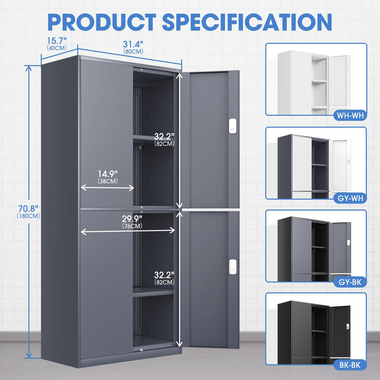 DNA MOTORING 71'' Metal Garage Storage Cabinet, Locking Tool Cabinet with 4 Doors and 2 Adjustable Shelves, Heavy Duty Metal Locker for Garage,Office,Home,Gym,Gray, TOOLS-00634-GY-GY-A DNA MOTORING