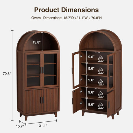 FiveWillowise 71" Tall Arched Cabinet with Glass Doors, Fluted Pantry Cabinet with Solid Wood Legs, Modern Accent Furniture for Living Room, Kitchen, Dining Room, Entryway, Walnut FiveWillowise