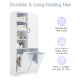 SOFTSEA 68" Double Tilt Out Laundry Hamper, Tall Bathroom Storage Cabinet with Hidden Laundry Basket & Adjustable Shelf, Freestanding Bathroom Cabinet with Doors and Open Shelves, White SOFTSEA