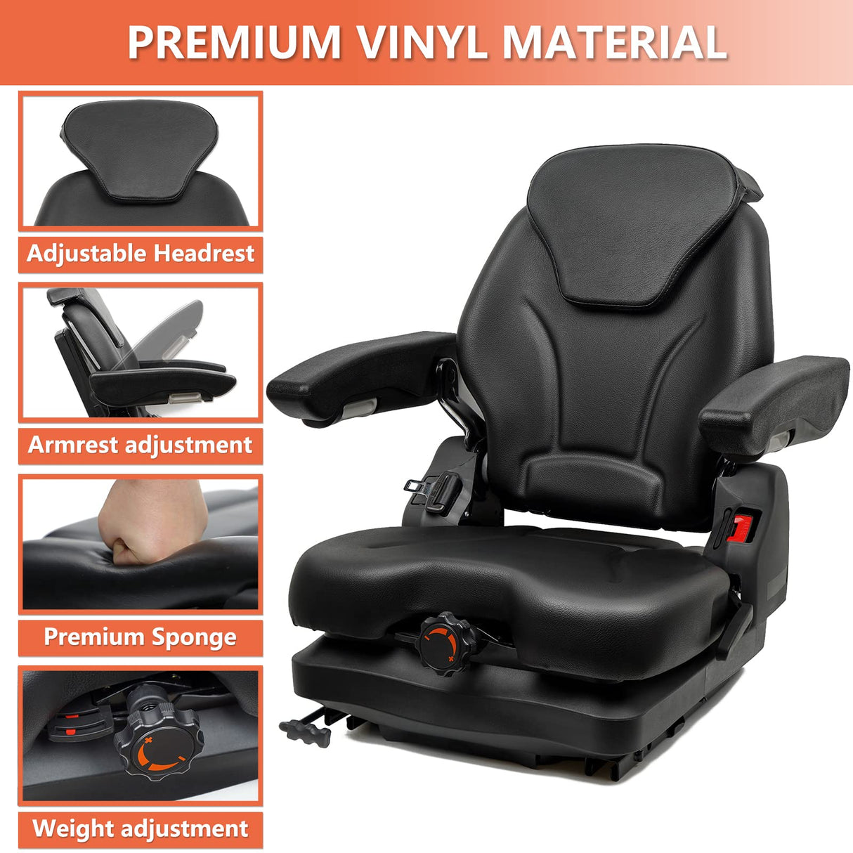 Highback Low Suspension Tractor Seat,Adjustable Backrest Headrest and Slide Rails Forklift seat,Adjustable Armrests Shock Absorber Heavy Duty for Excavator Harvester (with adjustable armrests) TICSEA