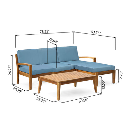 Christopher Knight Home Grenada Sectional Sofa Set | 5-Piece 3-Seater | Includes Coffee Table and Ottoman | Acacia Wood Frame | Water-Resistant Cushions | Teak and Blue, Finish - WoodArtSupply