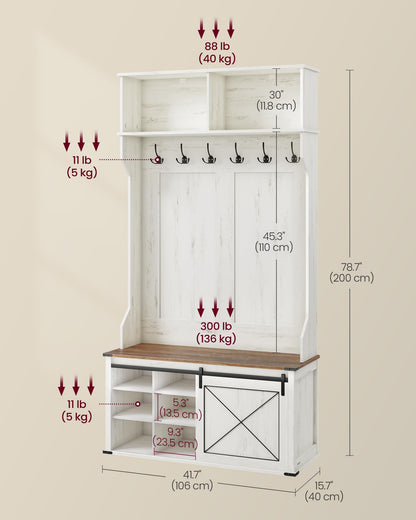 VASAGLE Hall Tree with Bench and Shoe Storage, Coat Rack with Shoe Bench, Entryway Furniture, 6 Tri-Hooks, Sliding Door, Farmfouse Style, Space Saving, Rustic White and Honey Brown UHSR442W01