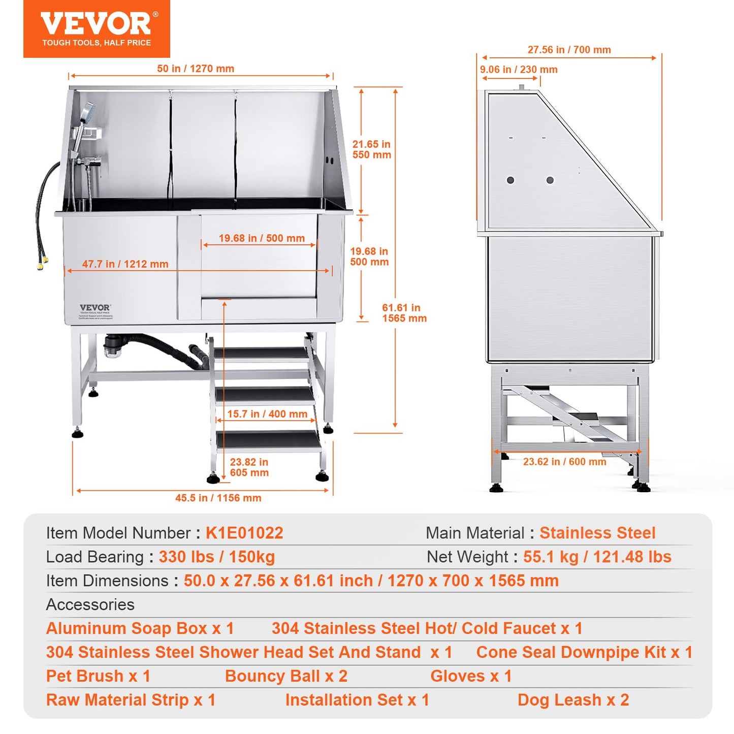 VEVOR 50" Pet Dog Bathing Station w/Stairs, Professional Stainless Steel Dog Grooming Tub w/Soap Box, Faucet,Rich Accessory, Dog Bathtub for Large,Medium,Small Pets, Washing Sink for Home Rig - WoodArtSupply