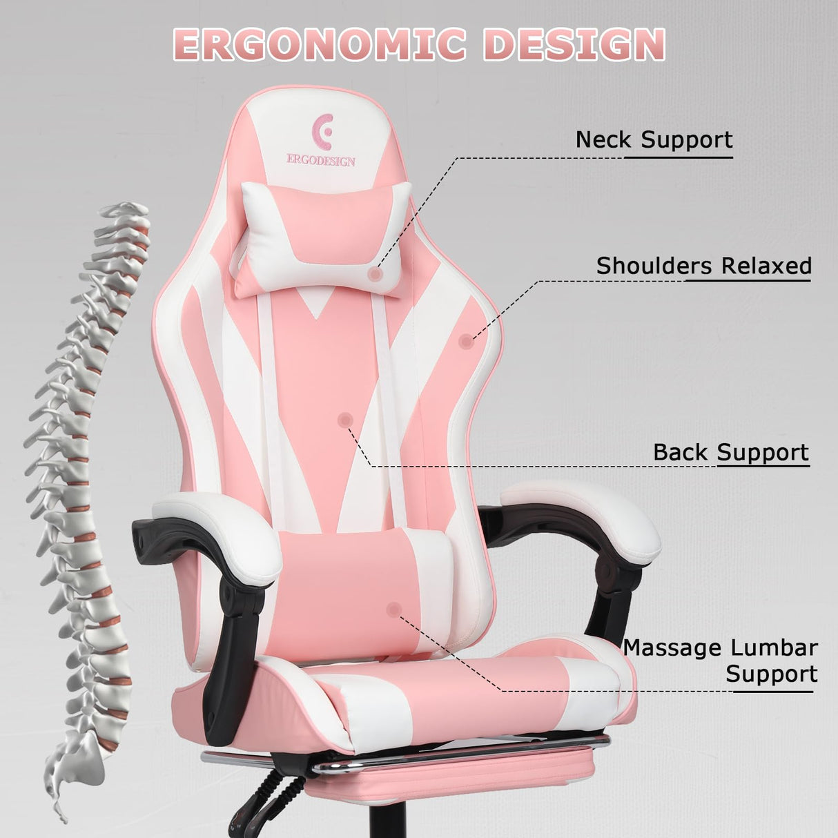 ErgoDesign Gaming Chair with Linkage Armrest & Footrest, High Back Video Gaming Chair, Pink/White ErgoDesign