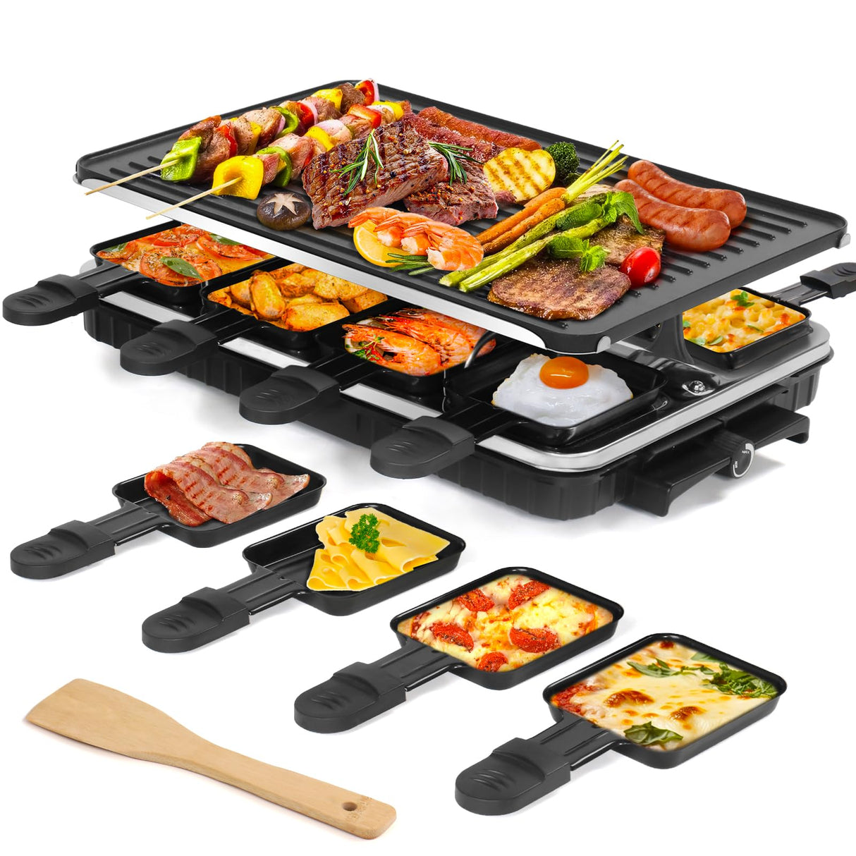 Raclette Table Grill, Indoor Grill Korean BBQ Grill Electric Griddle, 2 in 1 Electric Griddle Nonstick with 8 Raclette Cheese Pans Adjustable Temperature Control 1300W Ideal for Family and Party Fun TONZE