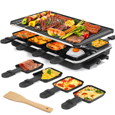Raclette Table Grill, Indoor Grill Korean BBQ Grill Electric Griddle, 2 in 1 Electric Griddle Nonstick with 8 Raclette Cheese Pans Adjustable Temperature Control 1300W Ideal for Family and Party Fun