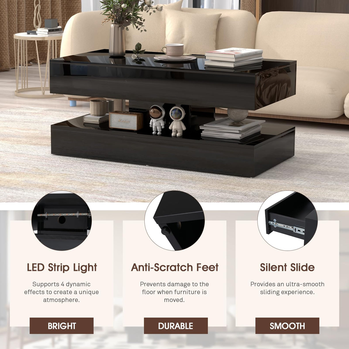 OC Orange-Casual LED Coffee Table with Storage, High Glossy Center Table with 2 Sliding Drawers, Modern Stylish Rectangle Coffee Table Double Layer with Open Display Shelf for Living Room (Black) OC Orange-Casual
