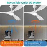 Roomratv Ceiling Fans with Lights,Large Airflow 52inch Modern Ceiling Fan with Quite Reversible DC Motor 3 Color Temperature LED Light (White) Roomratv