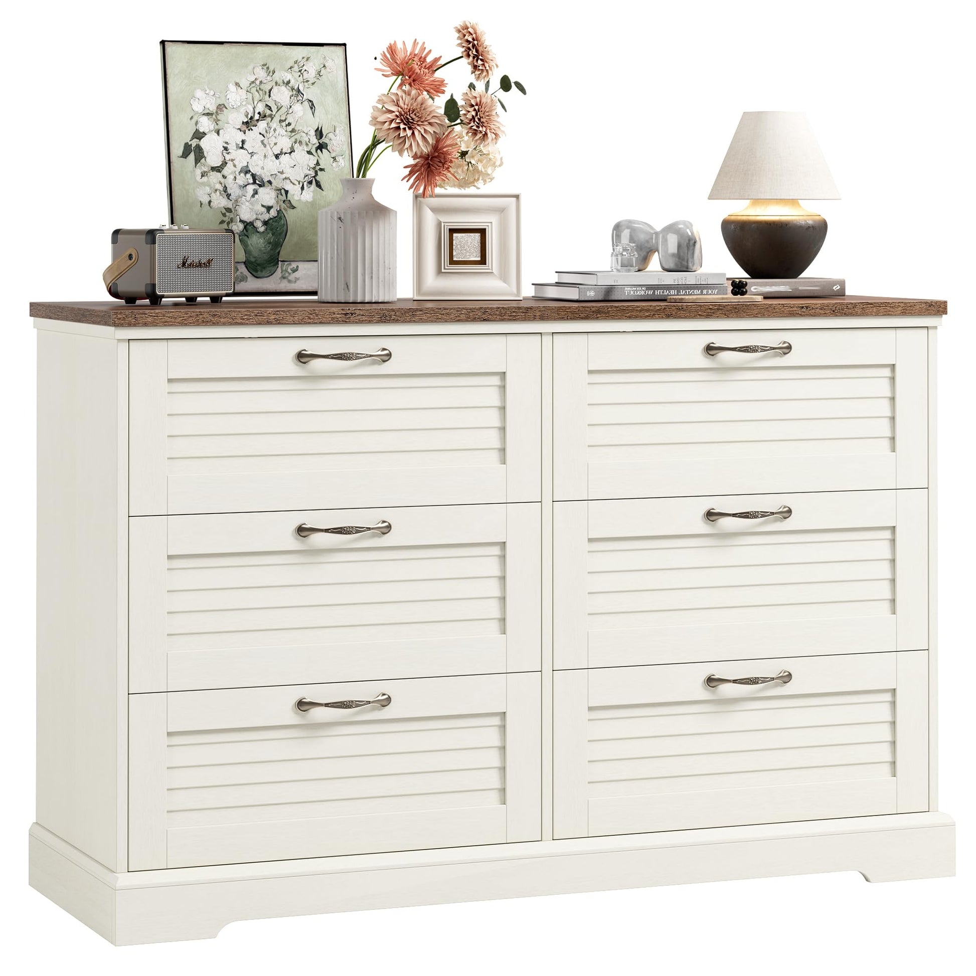 TTVIEW 6 Drawer Dresser TV Stand, Modern Farmhouse Chest of Drawers with Handles, 47.2" W x 15.7" Dx 30.7" H, Wide Dresser Chest for Bedroom Living Room, Entryway, Hallway, Oak White - WoodArtSupply