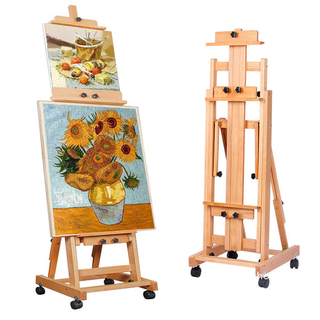 foriy H Frame Easel Multi-Function Studio Easel Solid Beech Wood Easel Adjustable Painting Canvas Holder Stand Tilts Flat Artist Easel with Locking Caster Wheels foriy