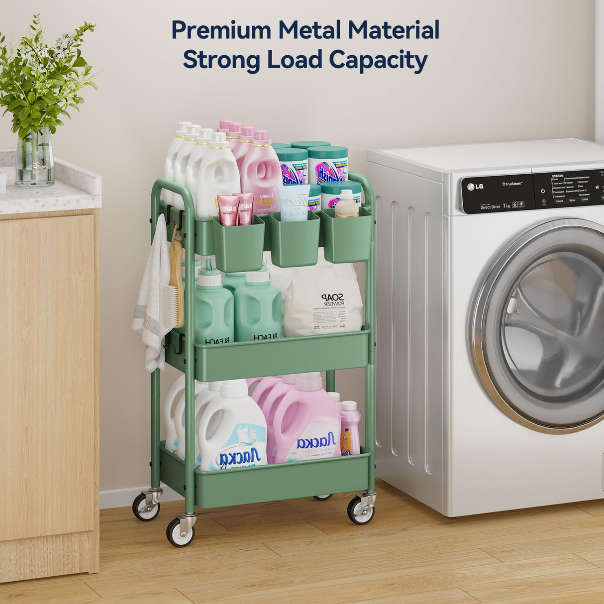 YASONIC 3-Tier Rolling Cart, Green, 66 Pounds Capacity, Mesh Storage Organizer with Lockable Wheels, 3 Hanging Cups, 4 Hooks, Easy Assembly, for Kitchen, Bathroom, Laundry, Grocery YASONIC