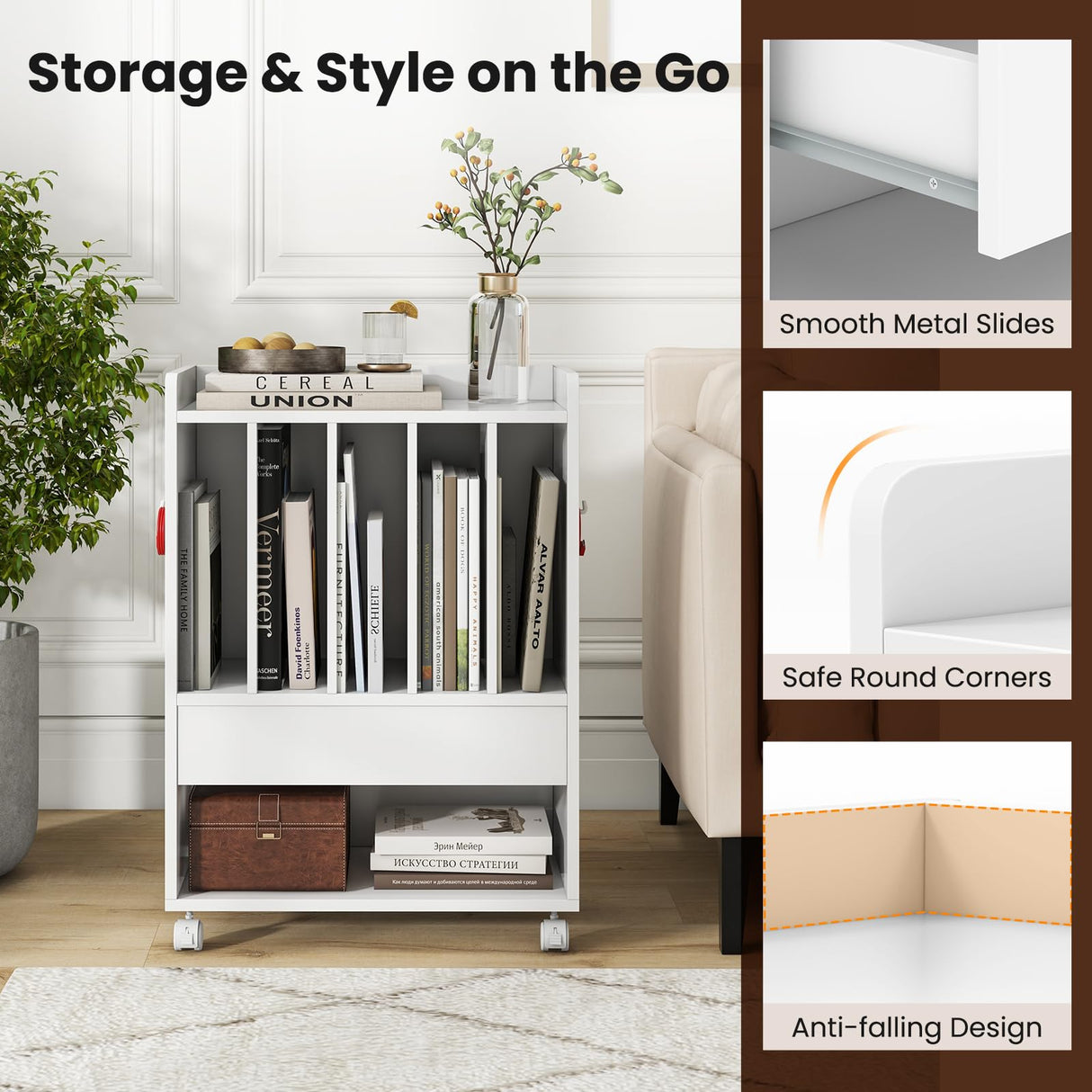 Giantex Record Player Stand, Rolling Turntable Stand with Drawer, Hook & Lockable Wheels, Vinyl Record Display Shelf Holds Up to 180 Albums, for Living Room Bedroom (White) Giantex