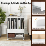 Giantex Record Player Stand, Rolling Turntable Stand with Drawer, Hook & Lockable Wheels, Vinyl Record Display Shelf Holds Up to 180 Albums, for Living Room Bedroom (White) Giantex