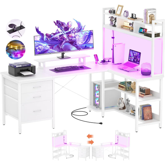 Aheaplus L Shaped Gaming Desk with Hutch, Gaming Desk with Led Lights, Reversible Computer Desk with Power Outlet, Corner Desk with File Drawer & Monitor Stand, Storage Shelves for Home Office, White