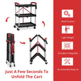 Foldable Utility Service Cart, 3 Shelf 168LBS Heavy Duty Plastic Rolling Cart with 360° Swivel Wheels (2 with Brakes), Ergonomic Handle, Portable Garage Tool Cart for Warehouse Office Home, Black PioneerWorks