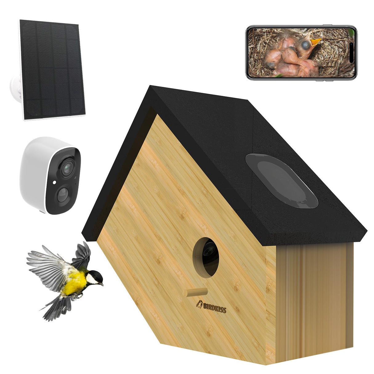 Birdkiss Smart Hummingbird House with Camera Solar Powered, 3MP HD Live View Birdhouse for Outside, Viewing Bird Nesting and Hatching, Ideal Outdoors Gift for Mom and Bird Lover (Black) Birdkiss