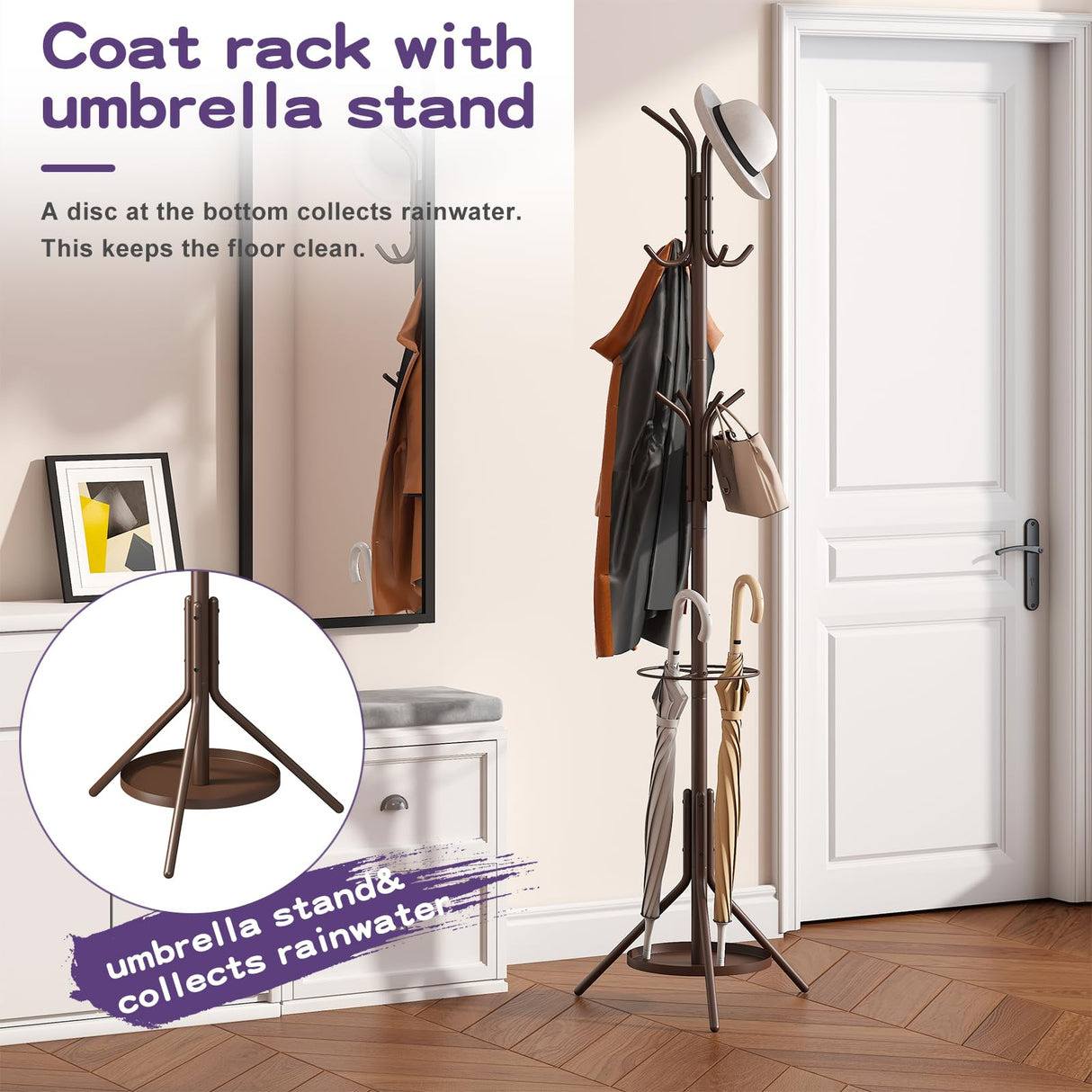 Wieghda Coat Rack Freestanding,Entryway Hanger Stand,Umbrella Holder,Hall Tree With 12 Hooks, Floor Standing Metal Tree Stand,brown Wieghda