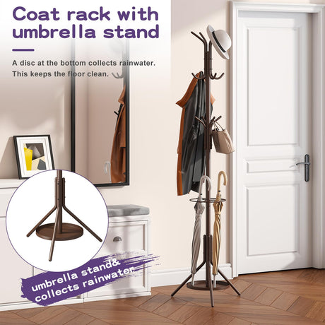 Wieghda Coat Rack Freestanding,Entryway Hanger Stand,Umbrella Holder,Hall Tree With 12 Hooks, Floor Standing Metal Tree Stand,brown Wieghda