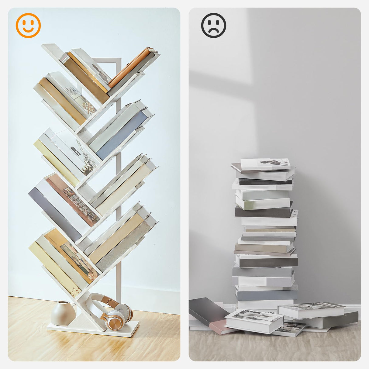 HOOBRO Tree Bookshelf, 9-Tier Bookcase Wooden Shelves, Floor Standing Storage Rack, for Display of CDs, Books in Living Room, Home Office, Wood Storage Rack for Bedroom, White WT08SJ01G1 HOOBRO