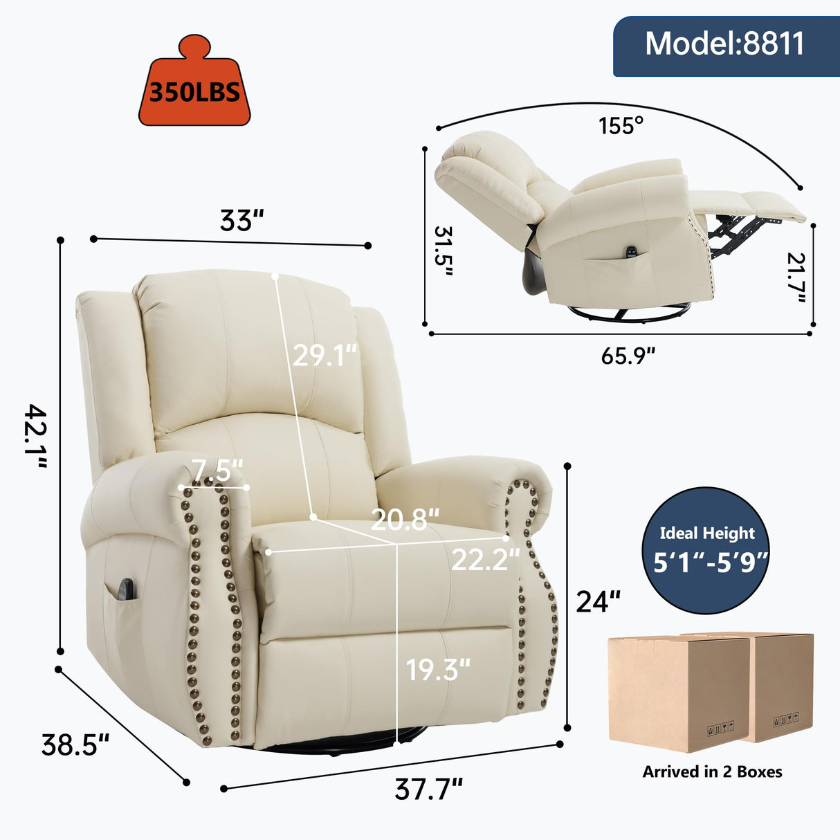 PELUMY Breathable Leather Recliner Chair with Heat Massage, 360° Swivel Rocking Recliner, Manual Glider Chair with Vibrating Massage for Living Room, Nursery (Beige) PELUMY