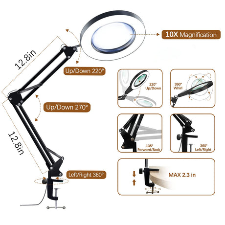 VUEJIC 10X Magnifying Glass with Light and Clamp, Magnifier with Light Hands Free3 Color Modes Stepless Dimmable, 72 LEDs Real Glass Lens Magnifying Lamp for Close Work, Repair, Reading, Craft VUEJIC