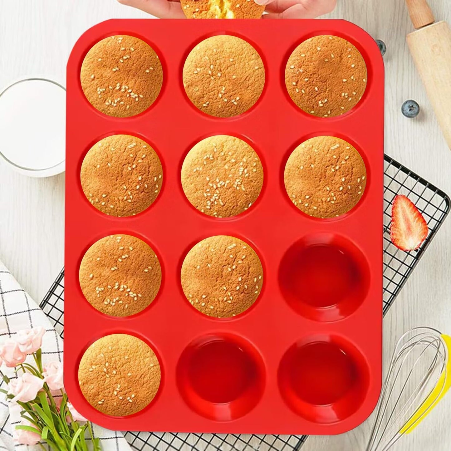 YJWYDM 12 Cups Silicone Muffin Pan, 2 Pack Non-Stick Cupcake Pans Silicone Muffin Tray Baking Pan for Making Muffin Cakes, Cupcake, Bread, Tart, Egg Bites