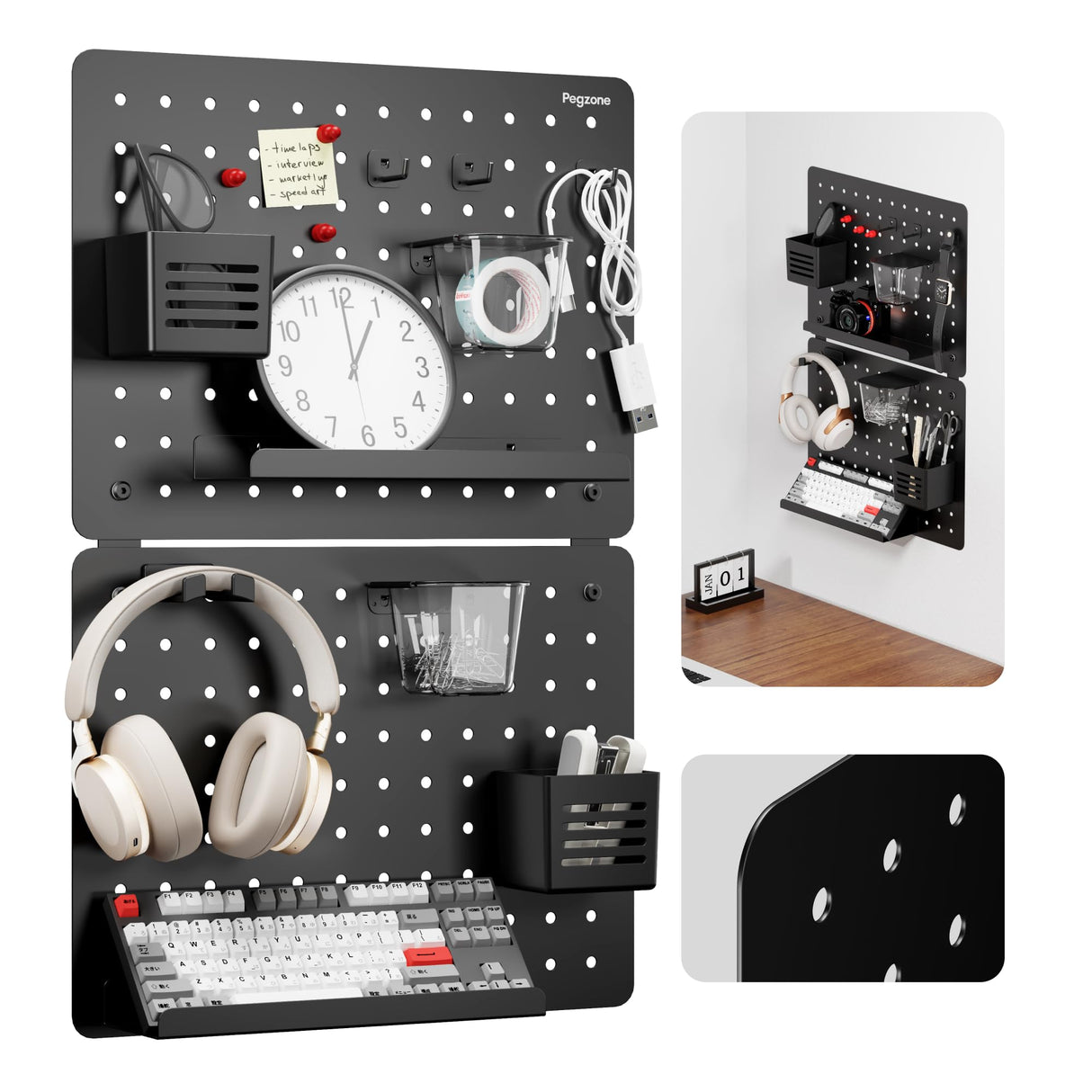 PEGZONE Pegboard Wall Organizer Combination Kit, Overall 25.4"x16.6" Metal Office Pegboard with 13 Accessories, Wall Mounted Peg board Display Panels for Home, Gaming Room, Garage (2Pcs, Medium,Black) PEGZONE