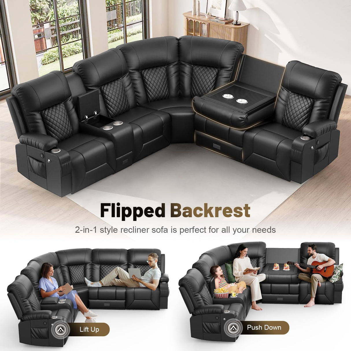 YONISEE Recliner Sectional Sofa, 5 Seats L-Shape Manual Reclining Sofa with Console & Flip Backrest Design, Storage Drawer, USB Ports, 2 Cell Phone Holder, Sofa Couch for Home Theater YONISEE