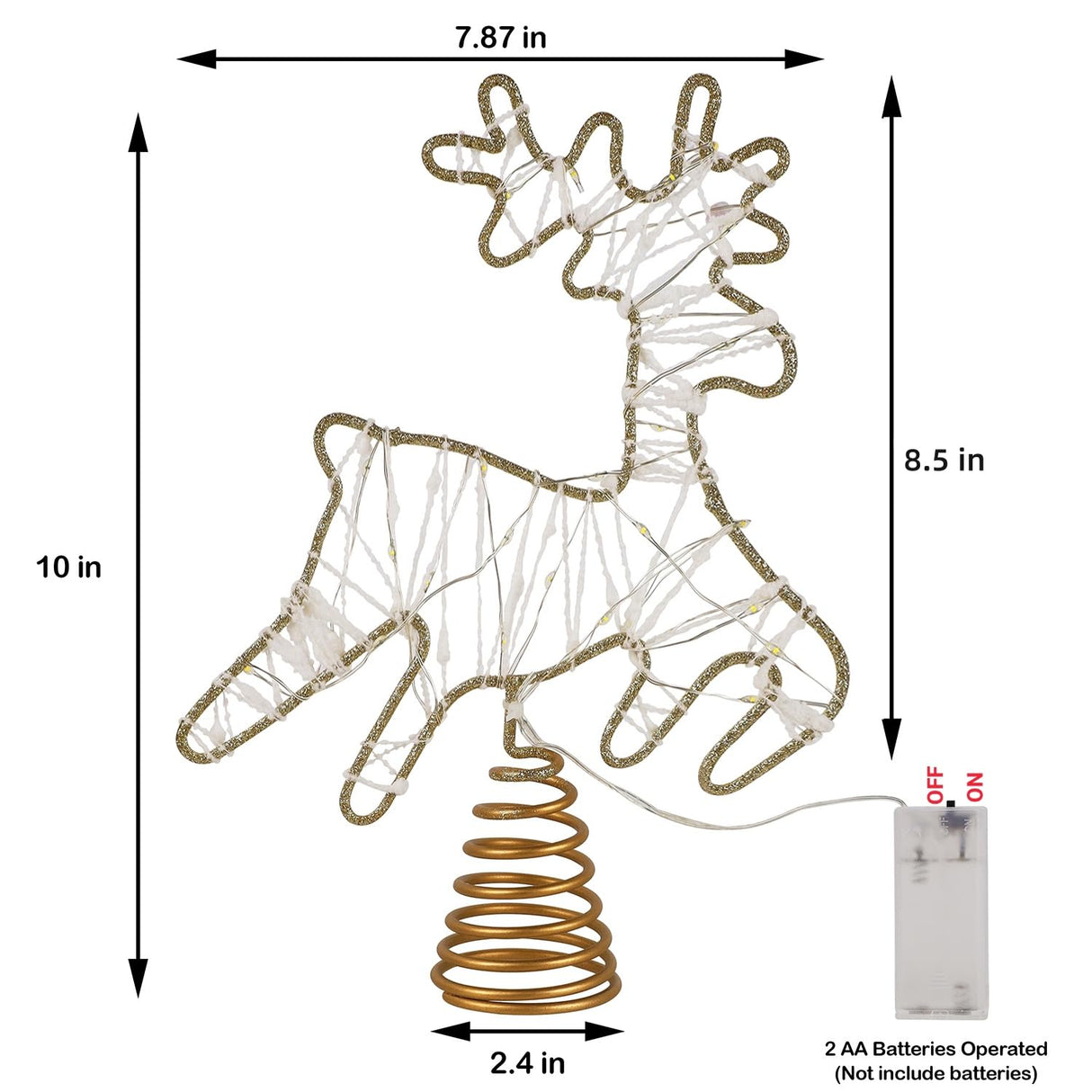 Juegoal Lighted Reindeer Christmas Tree Topper, Metal Xmas Glitter Elk Treetop Ornaments with 30 LED Warm White Lights, Battery Powered Light up 2D Deer Christmas Tree Decorations, Golden Juegoal