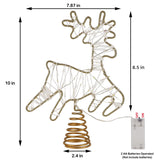 Juegoal Lighted Reindeer Christmas Tree Topper, Metal Xmas Glitter Elk Treetop Ornaments with 30 LED Warm White Lights, Battery Powered Light up 2D Deer Christmas Tree Decorations, Golden Juegoal