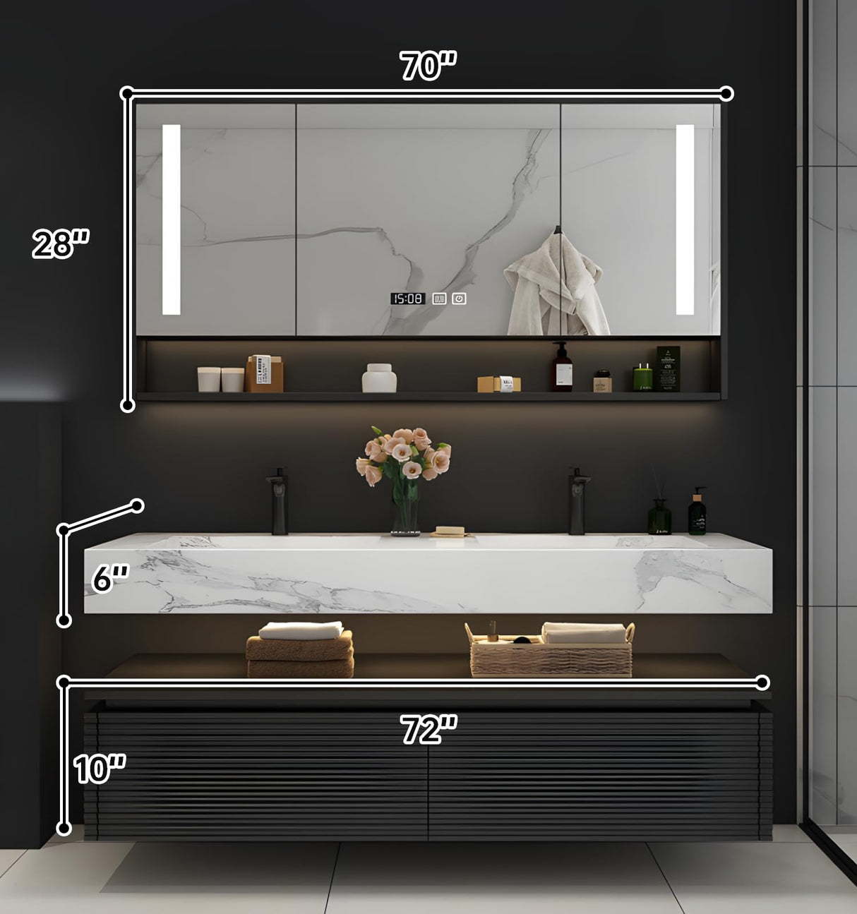Double Sink Bathroom Vanity, Floating Bathroom Vanity with LED Smart Defogging Mirror and One-Piece Sink, Modern Bathroom Vanities with Open Floating Shelf, Rock Countertop & Faucet (Black,72") LUTHXAY
