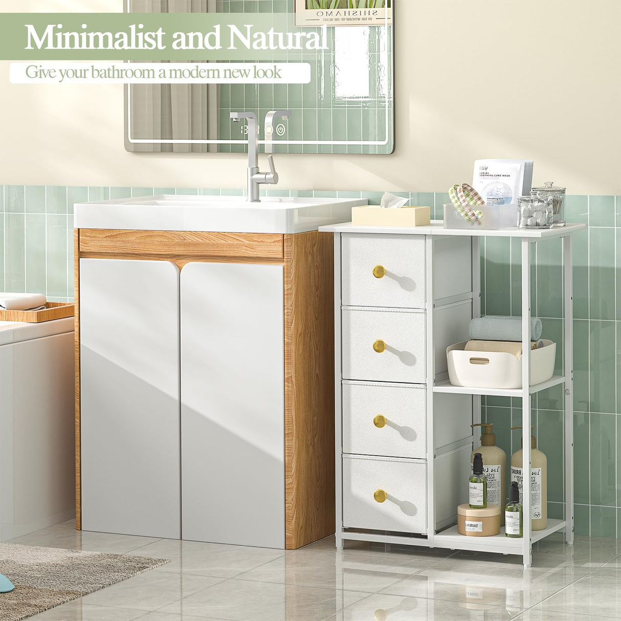 3IngSeagulls Bathroom Storage Cabinet, Bathroom Cabinets Freestanding with 4 Drawers and Adjustable Shelves, 5 Tier Wooden Floor Cabinet, Storage Cabinet for Bathroom, Kitchen, Living Room, White 3IngSeagulls