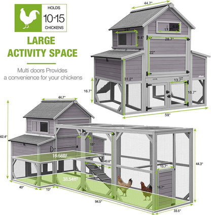 Chicken Coop Outdoor 135" Super Large Wooden Chicken House Poultry Cage with Large Nesting Boxes,55ft² - WoodArtSupply