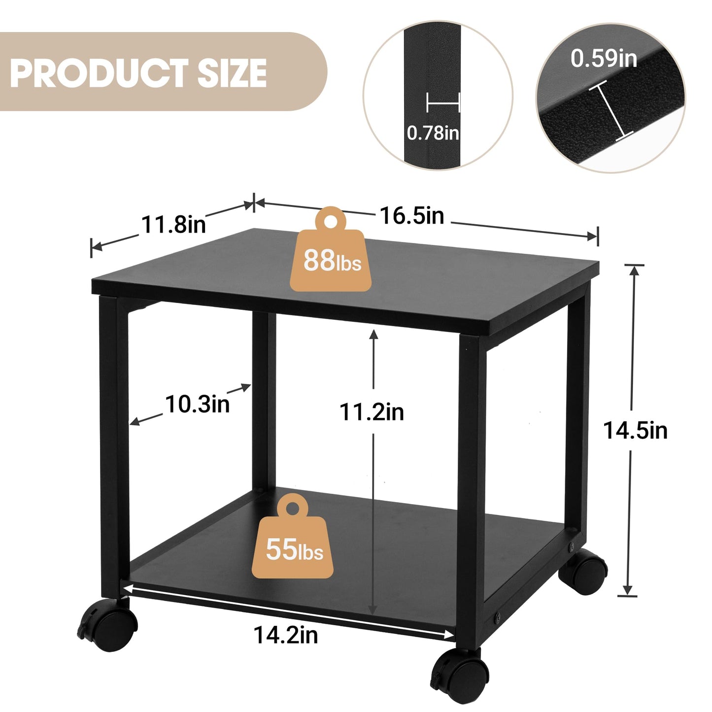 Cakokow Under Desk Printer Stand - 2-Tier Industrial Mobile Printer Table with Storage Shelf, Heavy Duty Wood Rolling Printer Cart with Wheels for Home and Office,Classic Black