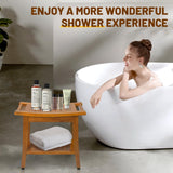 20" Premium Teak Shower Bench with Shelf & Handle, Solid Teak Shower Stool, Durable Waterproof Seat for Inside Shower, Teak Wood Bench for Bathroom, Indoor & Outdoor Use GRBEEVIITEK