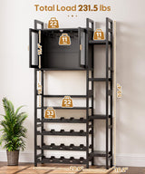 Cozivolife Wine Rack Freestanding Floor,Liquor Bottles Display Organizer with Doors Glass Holder,4 Tiers for Alcohol Accessories Storage and Side 4-Layer Shelves (Black) Cozivolife
