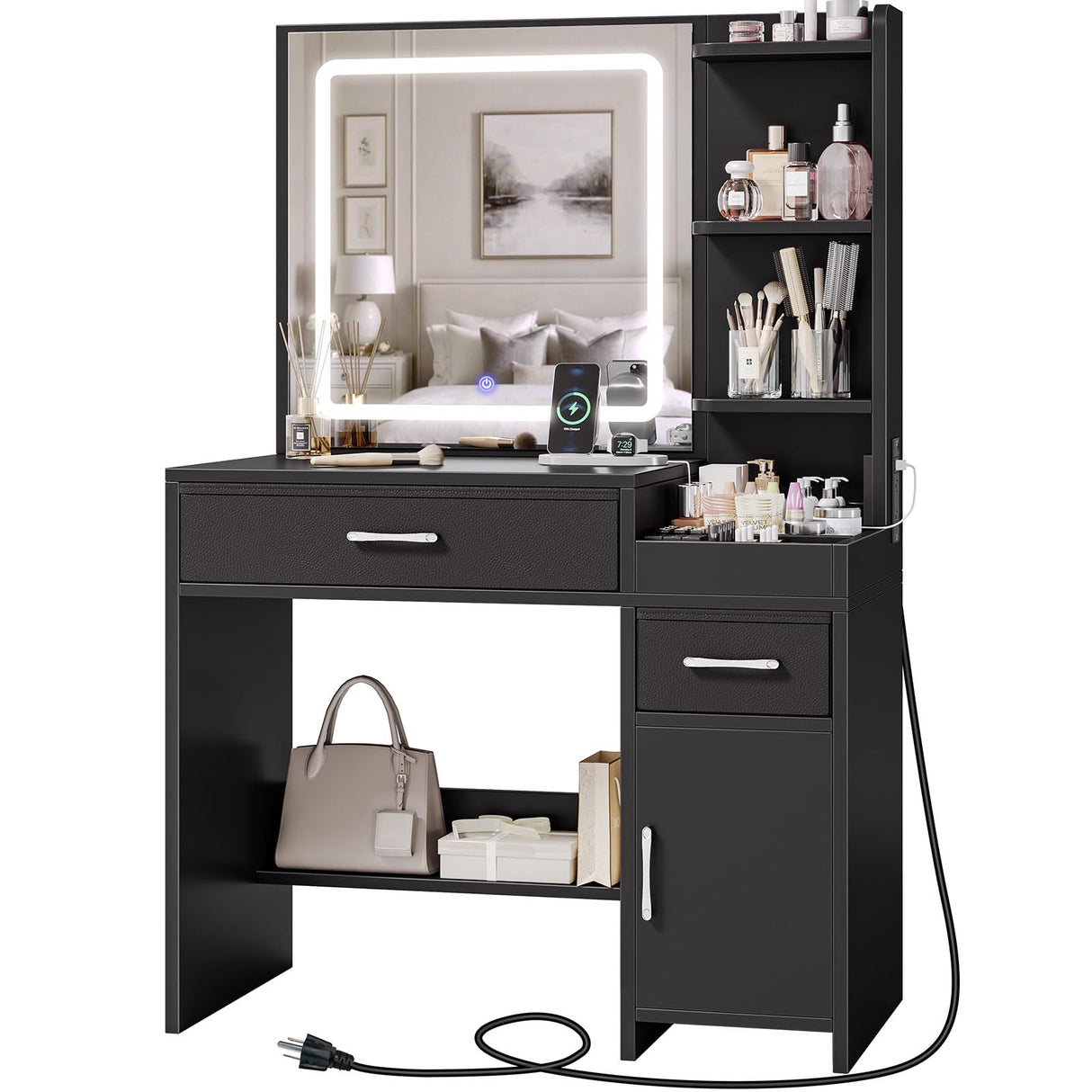 GREENSTELL Vanity Makeup Desk with Mirror and Lights, Makeup Table with Power Strip, 11 Storage Area, 3 Color Mode with Adjustable Brightness, 3 Desktop Compartments, Dressing Table, 32.6",Black GREENSTELL