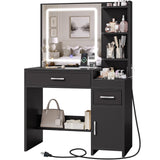 GREENSTELL Vanity Makeup Desk with Mirror and Lights, Makeup Table with Power Strip, 11 Storage Area, 3 Color Mode with Adjustable Brightness, 3 Desktop Compartments, Dressing Table, 32.6",Black GREENSTELL