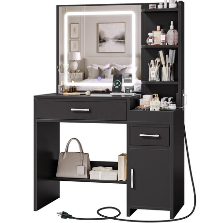 GREENSTELL Vanity Makeup Desk with Mirror and Lights, Makeup Table with Power Strip, 11 Storage Area, 3 Color Mode with Adjustable Brightness, 3 Desktop Compartments, Dressing Table, 32.6",Black GREENSTELL