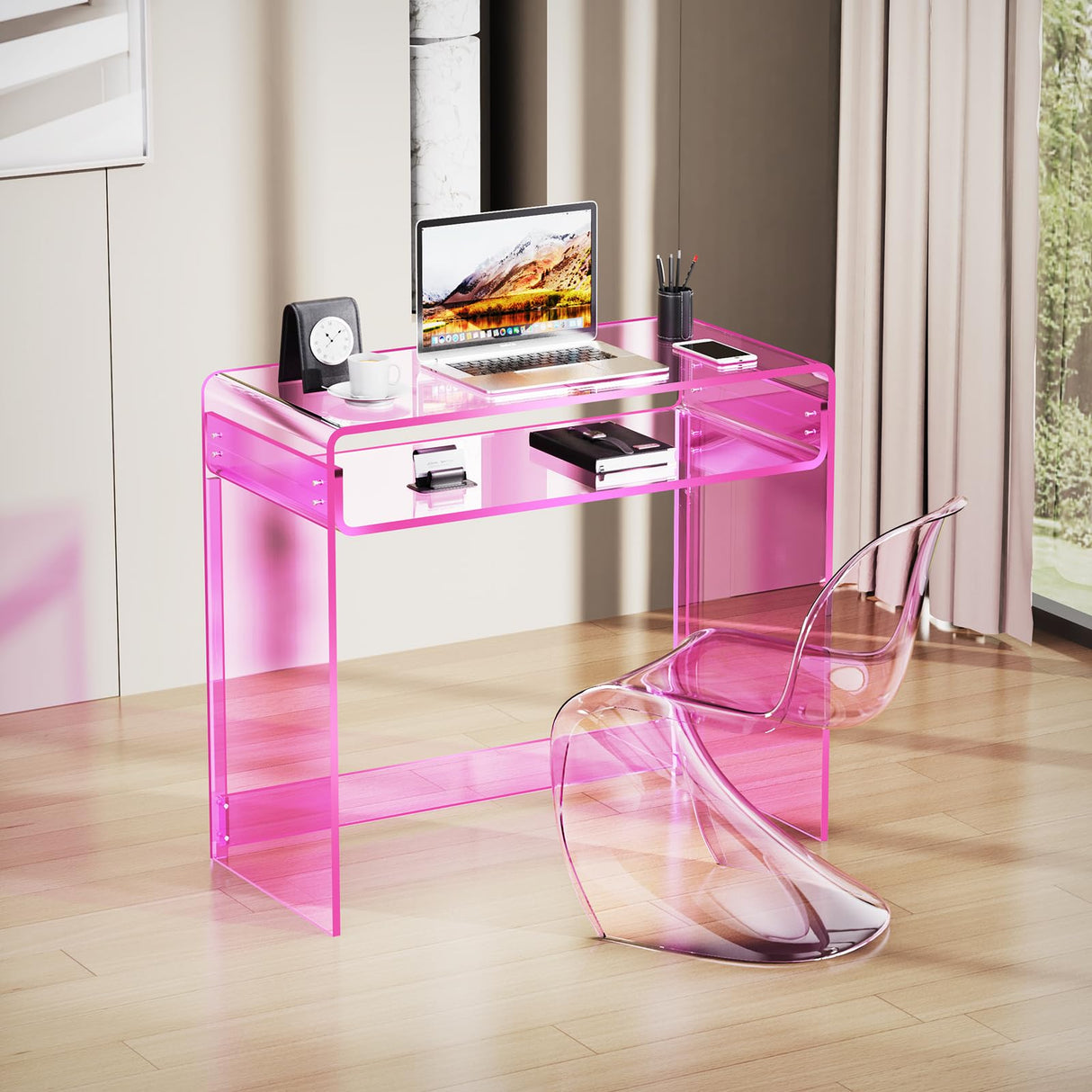solaround Acrylic Desk Laptop Workstation Study Table Home Office Console Table Entrance Table Decor (Pink) solaround