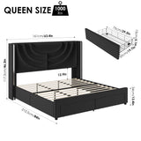 HITHOS Queen Upholstered LED Bed Frame with 2 Storage Drawers, Velvet Platform Bed with Wingback Headboard, Solid Wooden Slats Support, No Box Spring Needed, Headboard Splicing Design, Black HITHOS
