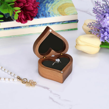 LETURE Wooden Heart Shape Ring Gift Box with Single Slot 2 Slot, Personalized Vintage Wood Jewelry Box for Proposal Engagement Wedding Ceremony Anniversary (Black-1 Slot) LETURE
