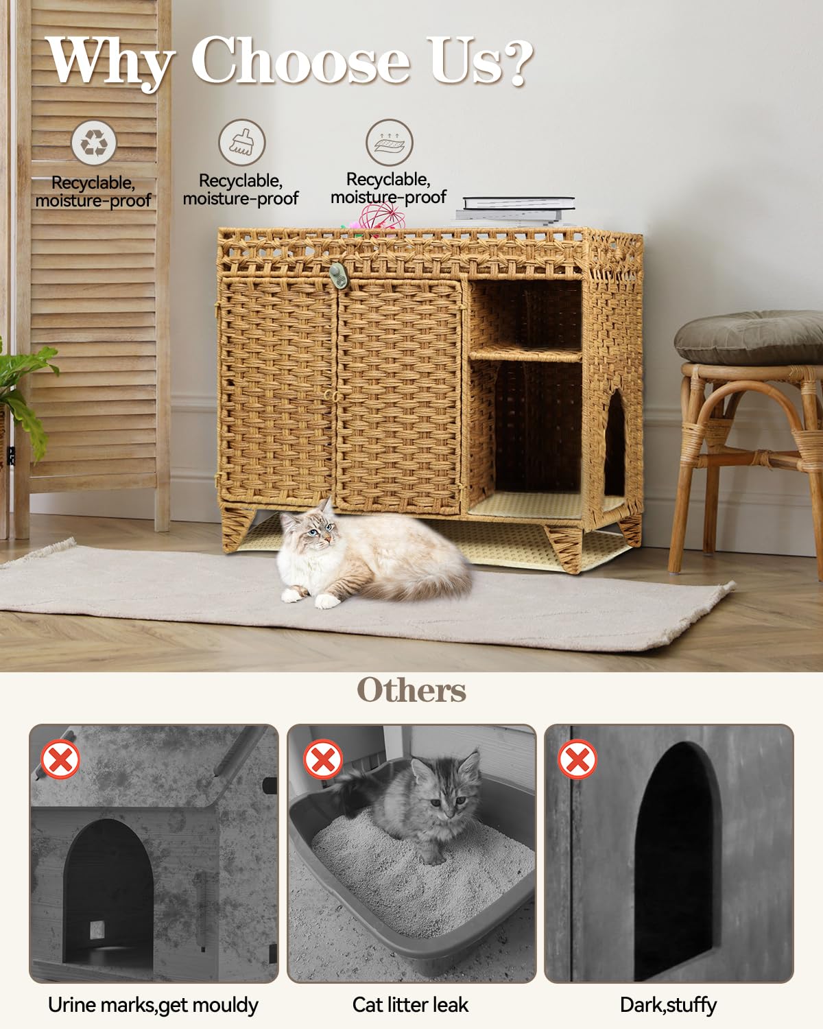 Forotone Cat Litter Box Enclosure, Hidden Cat Washroom Furniture with Litter Mat, Rattan Indoor Large Pet House with Door, for Living Room, Bedroom, Balcony Forotone