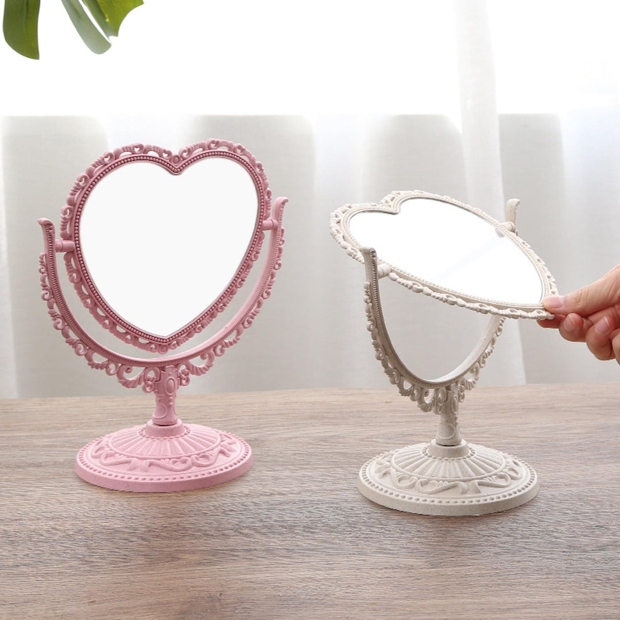 JDPEYI-Pink Heart Shaped Mirror - Coquette Room Decor for Desk & Vanity -Double-Sided Rotatable Cute Magnifying Mirror with Stand JDPEYI