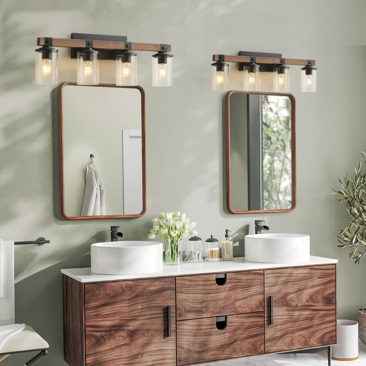 Bathroom Vanity Light Fixtures 4 Lights, Wooden Farmhouse Vanity Lights Rustic Bathroom Lights Over Mirror with Clear Glass Shade Black Industrial Wall Sconce for Bathroom Bedroom Hallway Kitchen GoYeel