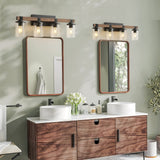 Bathroom Vanity Light Fixtures 4 Lights, Wooden Farmhouse Vanity Lights Rustic Bathroom Lights Over Mirror with Clear Glass Shade Black Industrial Wall Sconce for Bathroom Bedroom Hallway Kitchen GoYeel